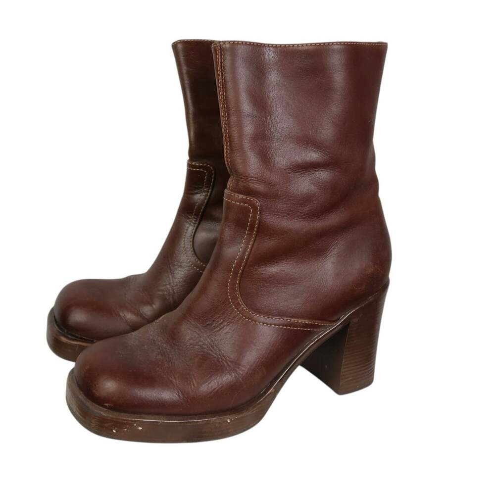 Vintage 90s/Y2K Steve Madden Brown Leather Chunky Heel Mid Calf Boots 9